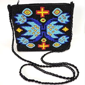 VINTAGE Gammon Shire Aztec Southwestern Fully Beaded Black Crossbody Bag 1993